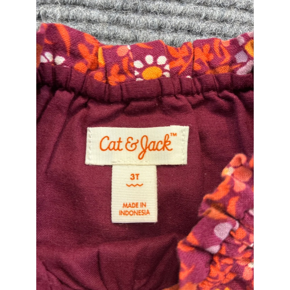 Cat & Jack Toddler Girls Floral Puff Sleeve Peplum Top Dress Burgundy Orange 3T - Picture 3 of 4